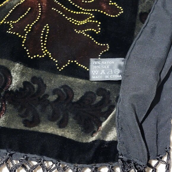 Velvet Burnout Silk Scarf Floral Art Deco Style Wrap Shawl Fringe - Picture 11 of 11